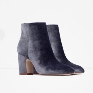 Zara grey velvet ankle mid chunk heel boots